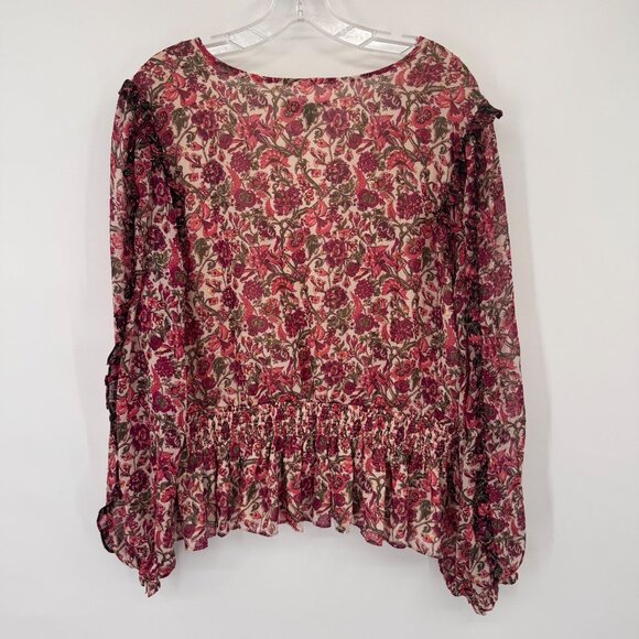 Express Floral Print Surplice Blouse  Smocked Waist  Ruffled Cuffs size XL - Picture 8 of 12